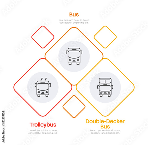 Urban public transport, rhombus vertical infographic 3 steps. Buses and trolleybus driving along routes. Passenger vehicles. Editable thin line icons diagram process. Lexend Montserrat font used