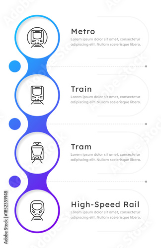 Railway public transport round blue gradient vertical infographic 4 steps. Metro, train and streetcar. Passenger vehicles. Editable thin line icons diagram process. Lexend Montserrat font used