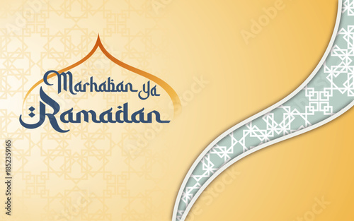 Marhaban ya Ramadan banner design modern simple islamic background. Luxurious Islamic decoration background.