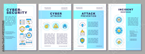 Cybersecurity brochure layout. Attack prevention, data management. System protection. Leaflet advertising design with color line icons. Editable 4 pages. Arial-Black, Myriad Pro-Regular fonts used