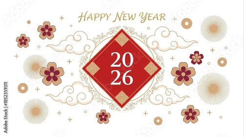 Happy new year celebration with floral ornaments and clouds