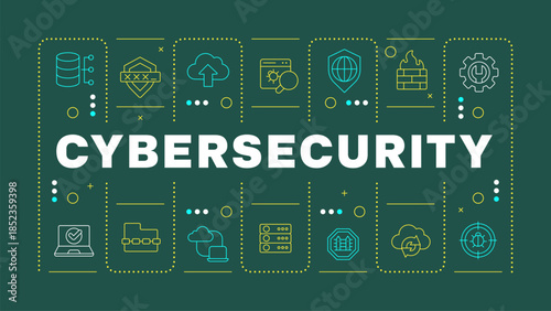 Cybersecurity green word concept. Data confidentiality, network security. Cloud service. Horizontal vector image. Headline text surrounded by editable outline icons. Hubot Sans font used