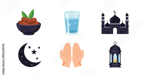 Ramadan vector icon set with dates, water, mosque, lantern, moon, and praying hands in flat style.