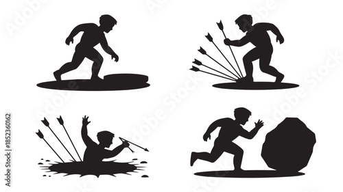 Silhouette of man running with obstacles in dynamic motion with black and white contrast for sports illustration