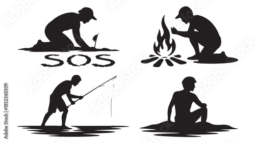 Survival Silhouettes in Distress Signal with Fire and Fishing in Dramatic Black and White for Emergency Guide