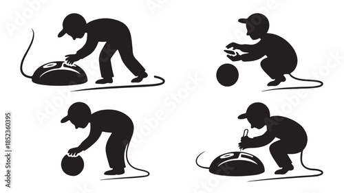 Silhouette of man interacting with computer mouse in various poses with dynamic motion in black and white illustration for technology