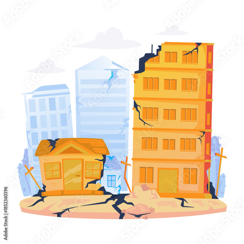Earthquake Damage on Urban Buildings Vector Illustration