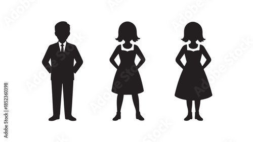 Silhouette of business people in confident stance with black attire and white collars in minimalist style for corporate presentation