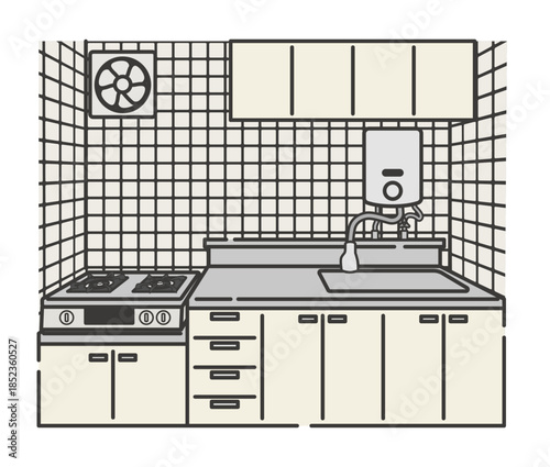 古い住宅のキッチン設備イラスト