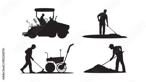 Landscaping workers with gardening equipment in black silhouette on white background for construction illustration