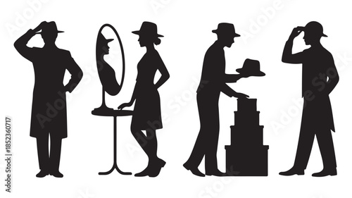 Silhouetted people in vintage hats and coats with retro accessories in dramatic black and white for fashion editorial