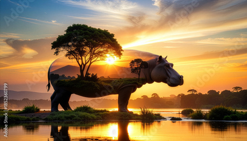 Majestic hippopotamus silhouette against a radiant sunset, its body a surreal landscape of trees and reflective waters, celebrating nature's beauty