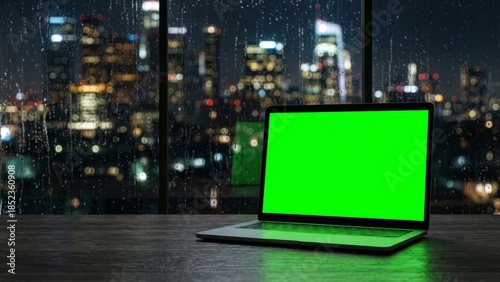 Modern laptop with green screen on desk with cityscape at night