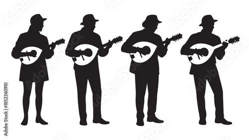 Musicians with Banjo in Silhouette Style with Black and White Color on Isolated White Background for Music Illustration