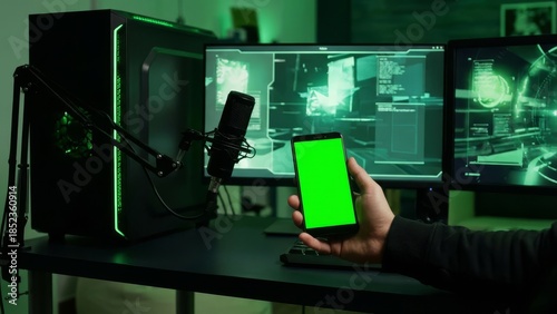 Modern computer setup with green screen phone and multiple monitors