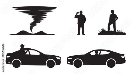 Tornado Warning with Silhouetted People and Cars in Dramatic Black Silhouette for Emergency Alert
