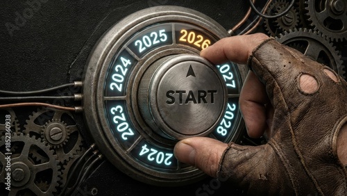 Hand turning dial to start future year 2026 with gears and circuits