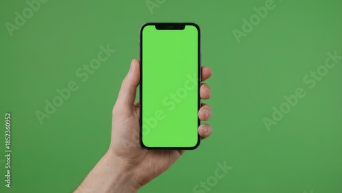 Person holding smartphone with green screen on solid background
