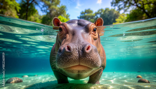Curious baby hippopotamus peeking from crystal-clear river waters, eyes wide with wonder, bathed in golden sunlight filtering through the tranquil surface in its vibrant natural habitat