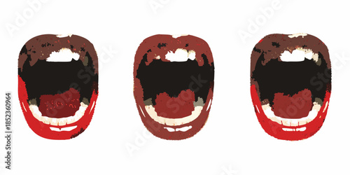 Three stylized open mouths with visible teeth and dark interiors
