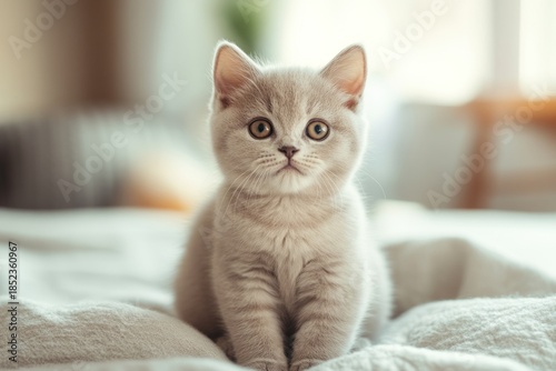 Wallpaper Mural A fluffy, gray kitten with wide green eyes and a curious expression, sitting on a soft, white blanket in a cozy, sunlit room with a wooden floor and a green plant in the background. Torontodigital.ca