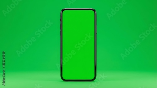 Modern smartphone with bright green screen on a matching background