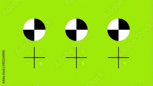 Three abstract graphic markers on green background with plus symbols
