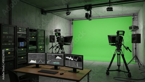 Modern media production studio with green screen and equipment