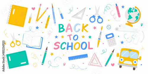 Colorful back to school supplies illustration with a school bus and globe