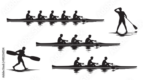 Silhouettes of people rowing canoes and kayaking in various poses with dramatic lighting on dark texture for adventure sports