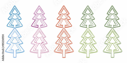 Colorful outline christmas trees in a row decorative holiday symbols