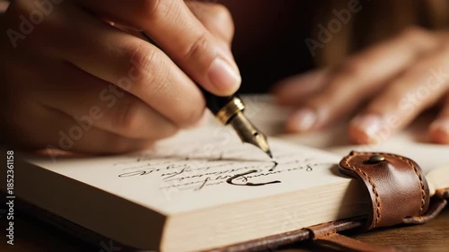 Hand writing cursive script in notebook using antique fountain pen