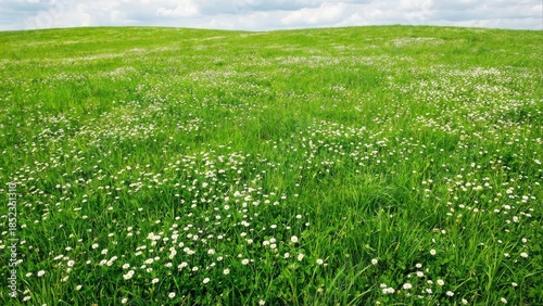 Vast green meadow with wildflowers under a cloudy sky