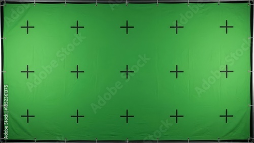 Green screen background with tracking markers for video production