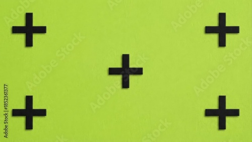 Five black cross shapes centered on a vibrant green background
