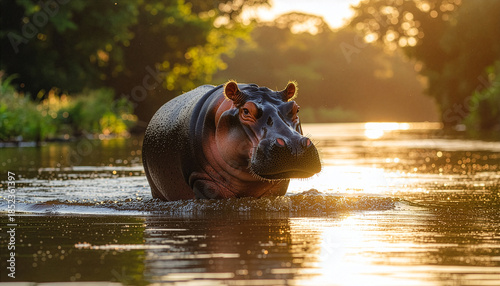 Sunlit Hippopotamus Emerges From A River In A Lush Natural Environment