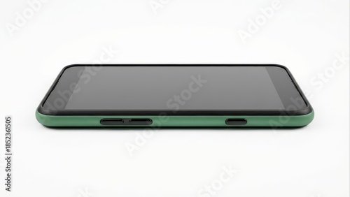 Modern mobile device with dark screen and green frame on white background