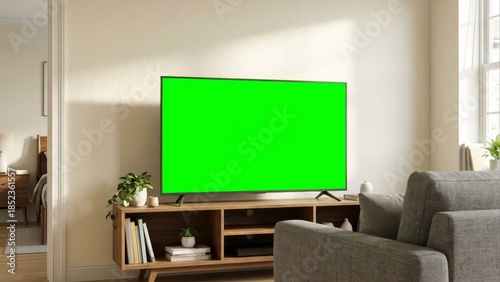 Modern living room with large green screen television and comfortable seating