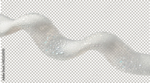 Close-up of a long horizontal wavy smear of white soap foam with tiny bubbles isolated on a transparent background.