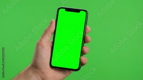 Hand holding a smartphone with green screen background for compositing
