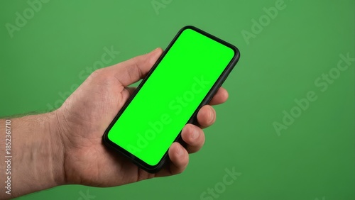 Hand holding a modern smartphone with a green screen display