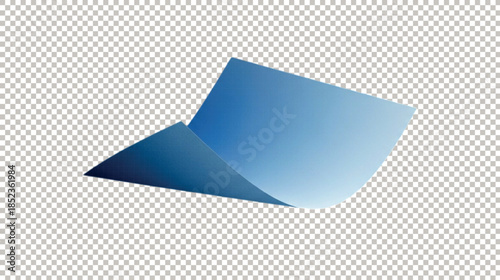 A single sheet of blue paper floating and falling with a curved shape and realistic shadows isolated on a transparent background.