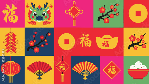 Chinese New Year Icon Grid with Traditional Symbols