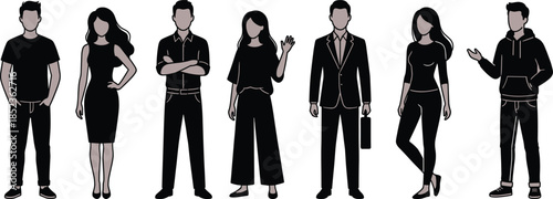 Modern people characters set, men and women standing poses, casual and business outfits, human figures collection, flat vector illustration