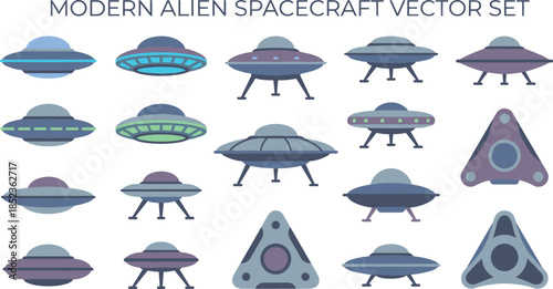 Modern alien spacecraft vector set, futuristic UFO flying saucer and spaceship icons collection for sci fi design, space illustration