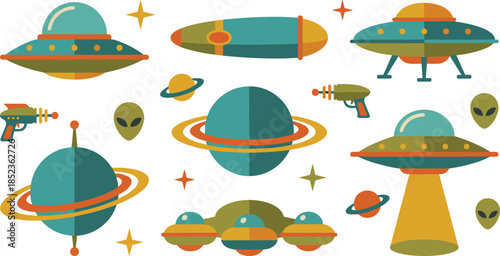 Retro UFO and alien space illustration set, flying saucer spaceships planets ray guns and sci fi cosmic elements collection
