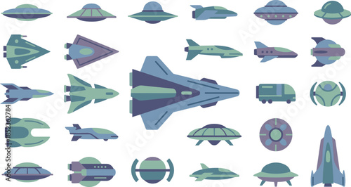 Sci fi spaceship and UFO icon set, futuristic space shuttle flying saucer spacecraft vector illustration collection