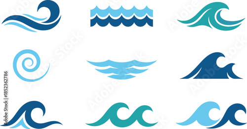 Stylized ocean wave icon set in flat design, abstract sea water symbols, blue nautical elements collection