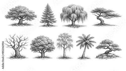 Set of black vector tree silhouettes including pine oak and tropical palm leaves for nature illustration and forest park design pattern art