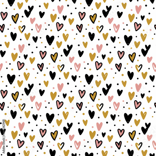 Charming seamless pattern of scattered hearts in black, gold, and pink dots, perfect for romantic designs and festive decor